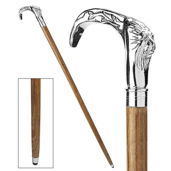 Design Toscano Gentleman's Choice: Chrome Lion, King of the Beasts, Solid Hardwood Walking Stick TV236